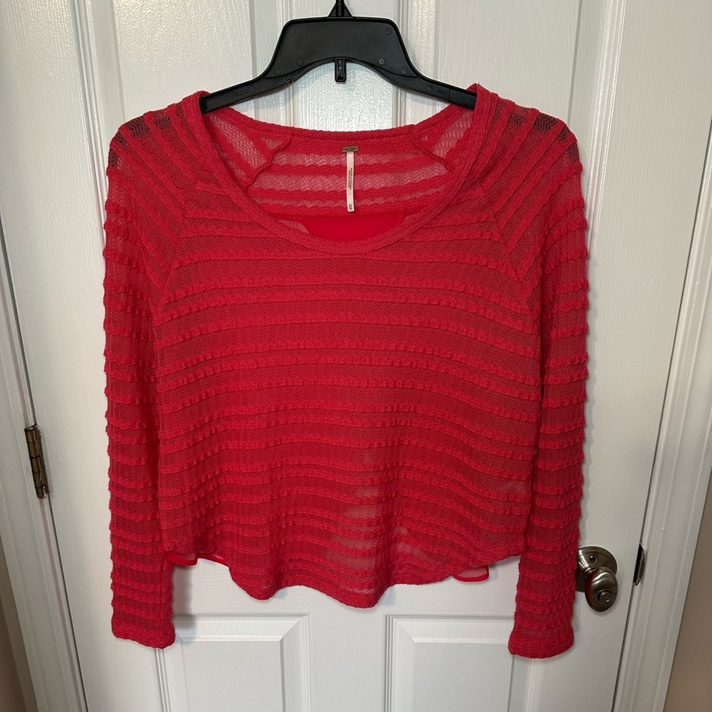 Free People Womens Sweater XS Mesh Crochet Sheer Open Back Coral Indie Boho